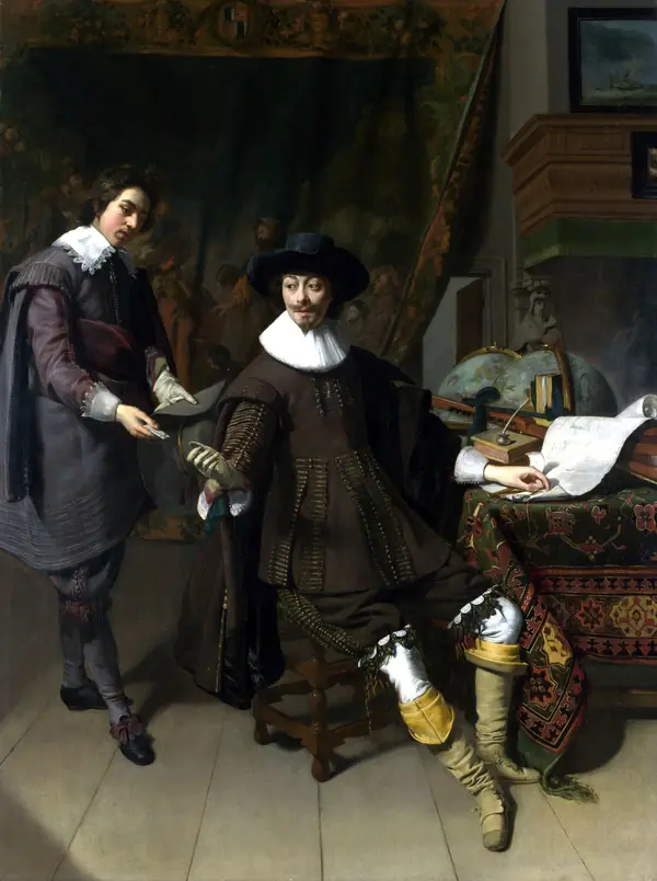 A seated scholar at a desk receiving a letter from his clerk