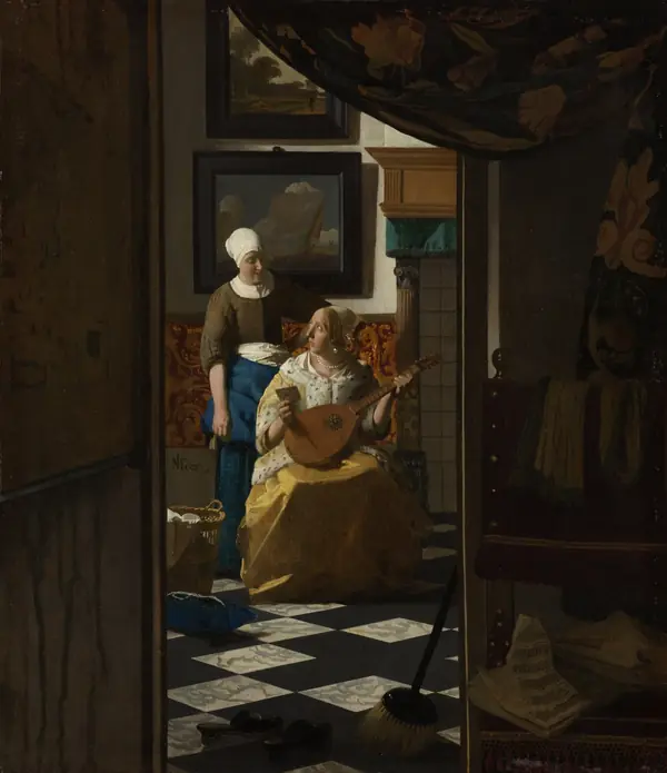 A woman handing a letter to her mistress, seen through a doorway