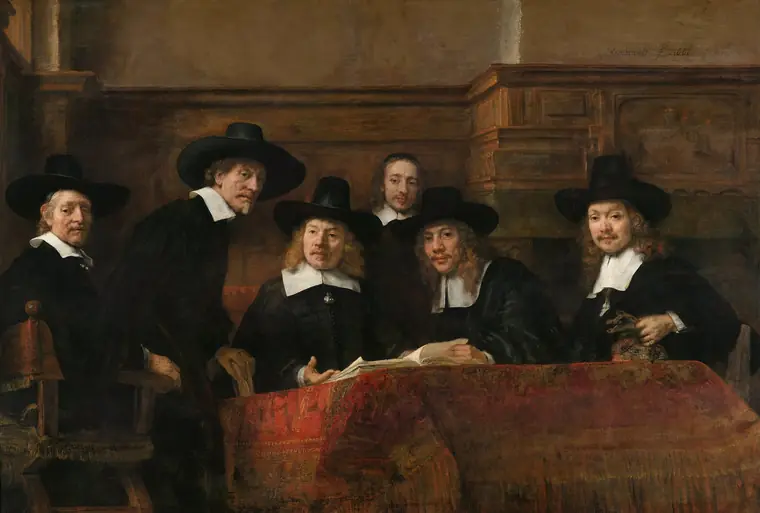 Cloth guild officials gathered around a table with an open book